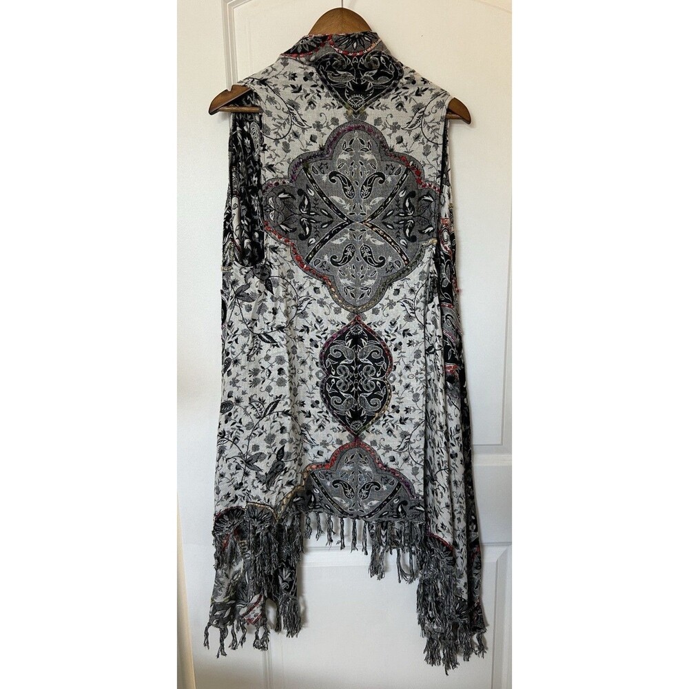 Soft Surroundings Fringe Duster Vest Black White Paisley Boho Festival Kimono - Picture 3 of 10